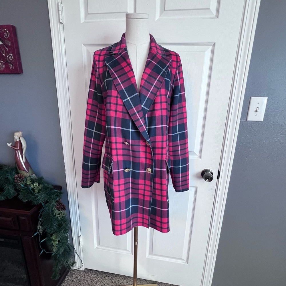 Peter Nygard Plaid Double-Breasted Long Blazer Coat Navy‎ & Red w/Gold Buttons M